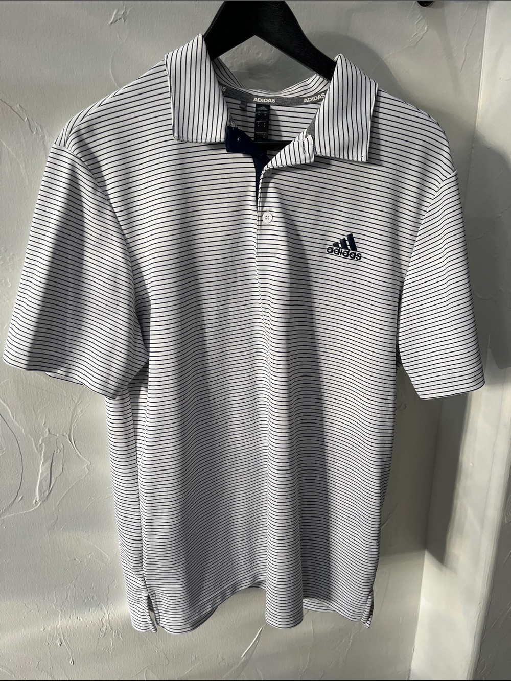 adidas White Polo with Navy Pinstripes